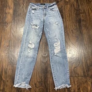 Judy Blue Boyfriend Fit Distressed Jeans 0/24 Relaxed Straight Leg Stretch Denim